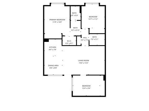Floor plan for 3 beds, 2 baths, 1200 sqft